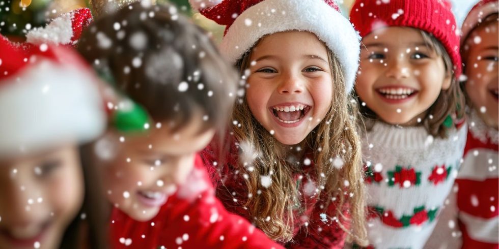 Happy children learning English with Christmas vocabulary through fun festive activities