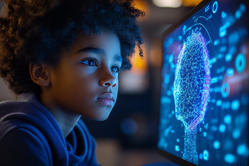 Niño aprendiendo inglés con inteligencia artificial a través de recursos digitales educativos