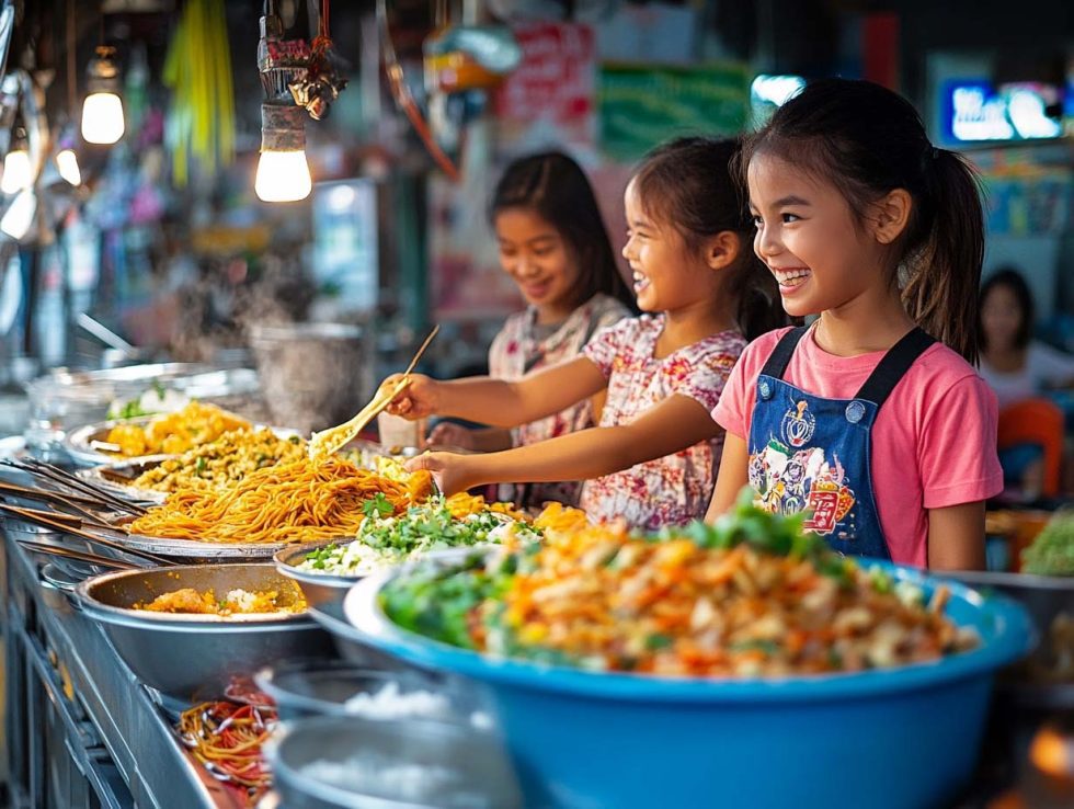 Niños disfrutando de comida callejera mientras aprenden vocabulario en inglés sobre comida y cultura