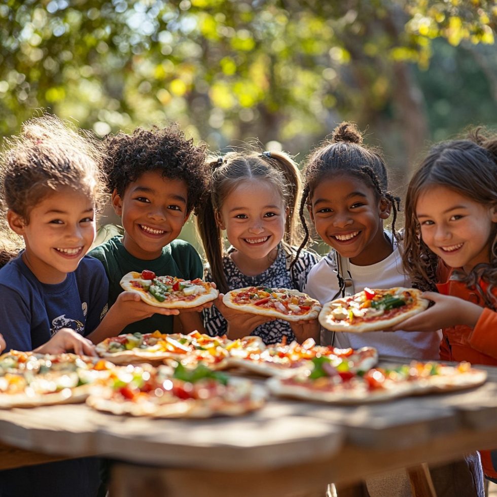 Grupo de niños compartiendo pizza mientras aprenden inglés de forma divertida y participativa.