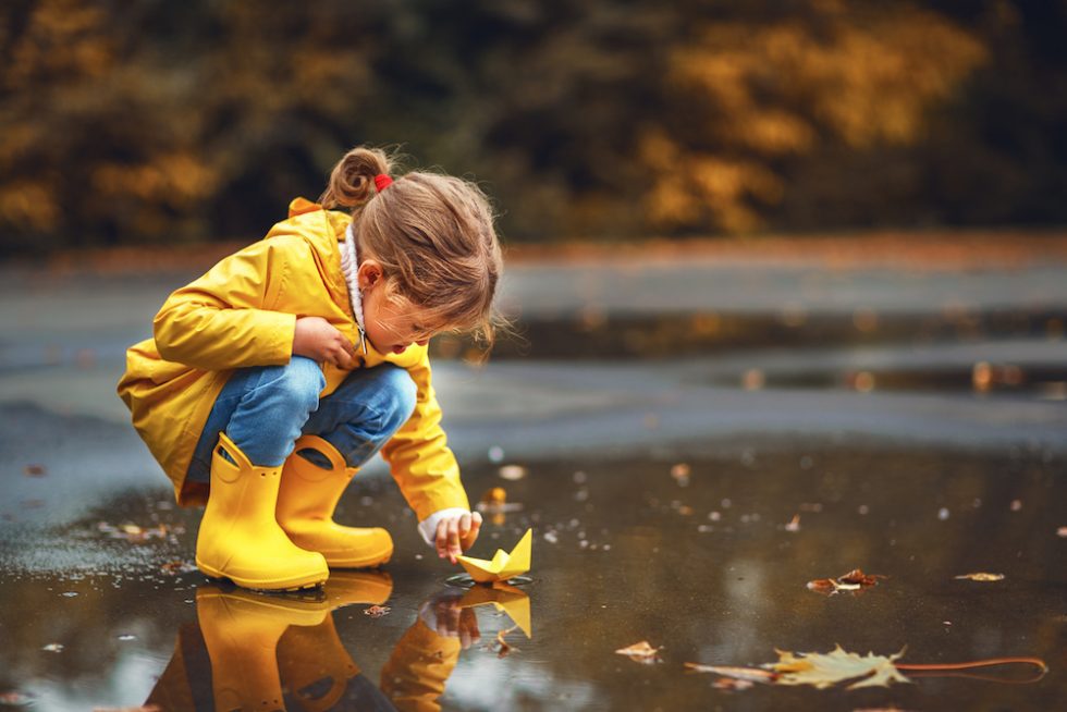Niña con impermeable amarillo jugando en un charco durante el otoño para aprender las estaciones del año en inglés.