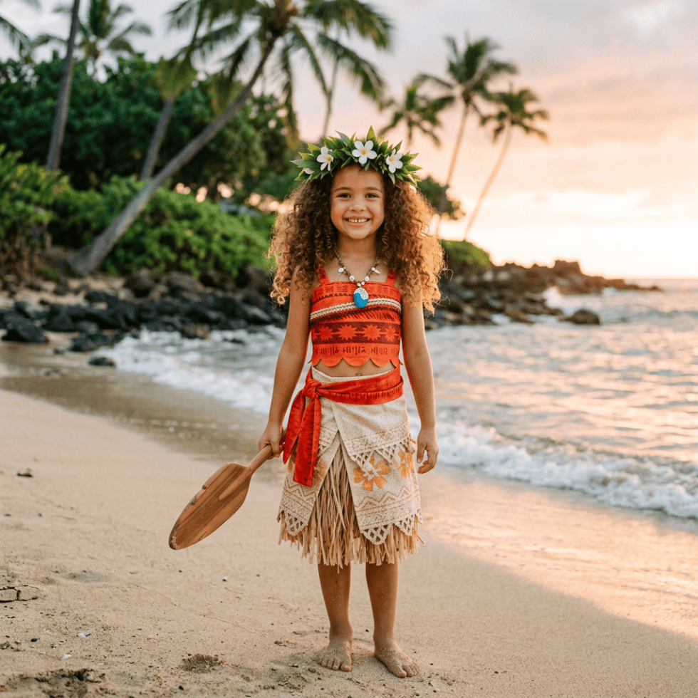 Niña disfrazada de Vaiana (Moana) en la playa para aprender vocabulario y expresiones en inglés inspiradas en la película.