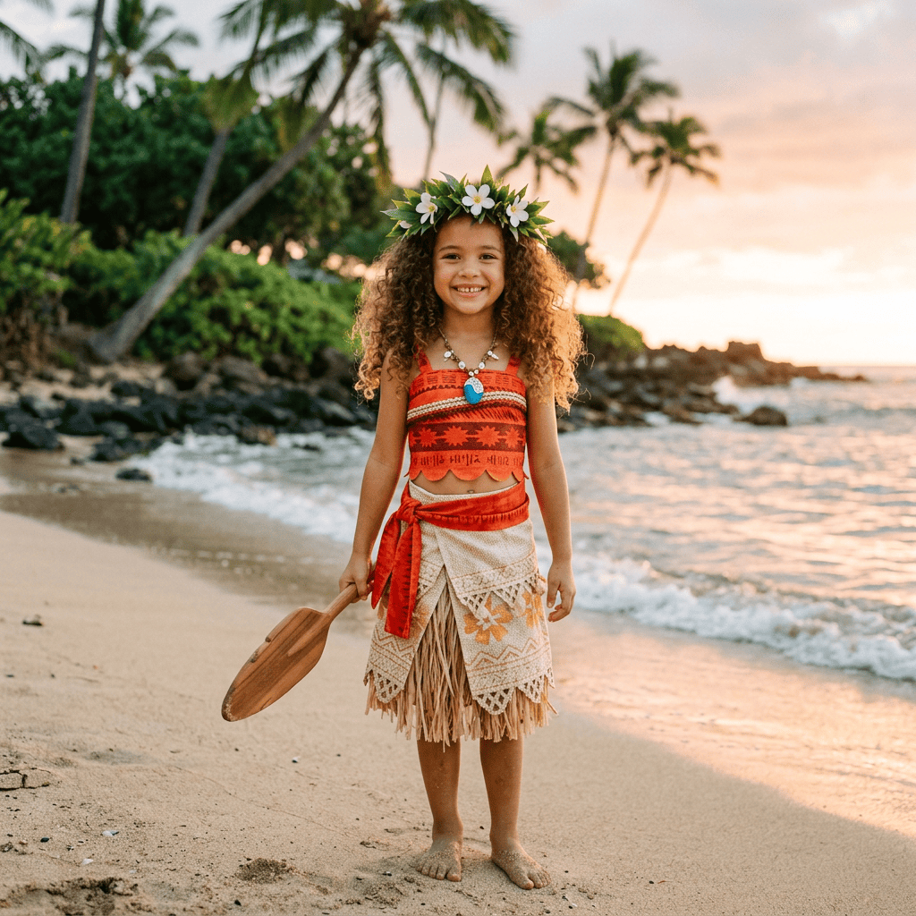 Niña disfrazada de Vaiana (Moana) en la playa para aprender vocabulario y expresiones en inglés inspiradas en la película.