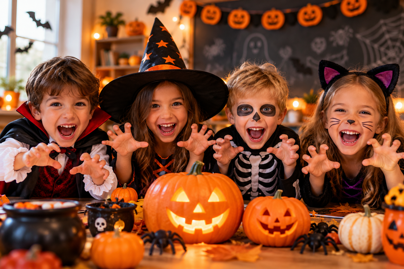 Niños disfrazados de Halloween con calabazas, una bruja, un vampiro, un esqueleto y una gata, para ilustrar vocabulario de Halloween en inglés.